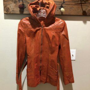 Authentic vintage burnt orange/sienna hooded leather jacket with belt SMALL